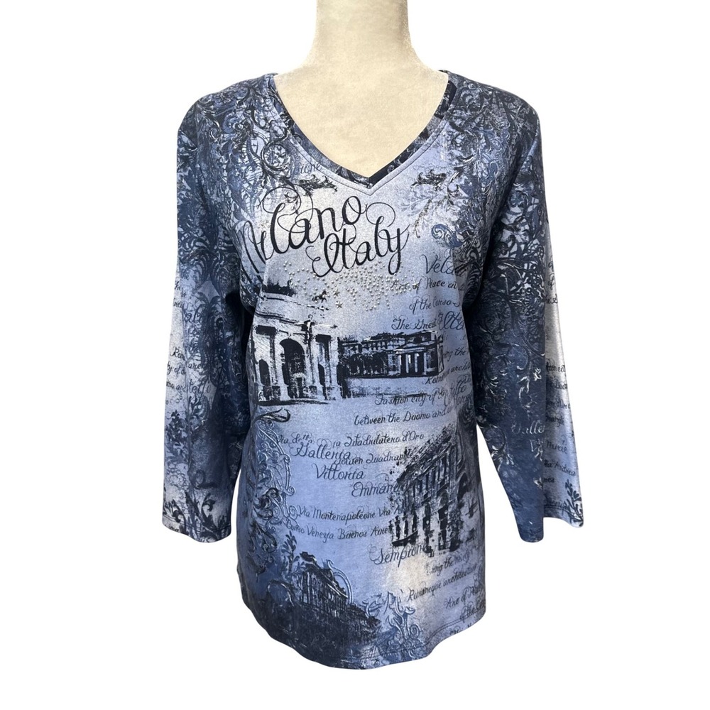 Vintage‎ Y2K Style Blue Grunge Womens Sz XL Floral Graphic Rhinestones AOP Italy